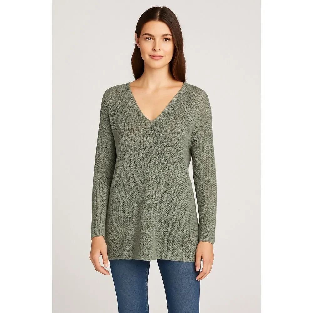 Peruvian Connection Sage Green Knit V-Neck Tunic Sweater M 100% Pima Cotton